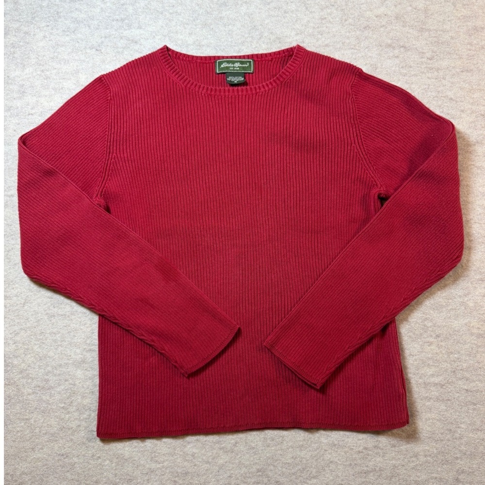 VTG 90s Eddie Bauer Womens Red Ribbed Knit Cotton Long Sleeve Sweater Size M